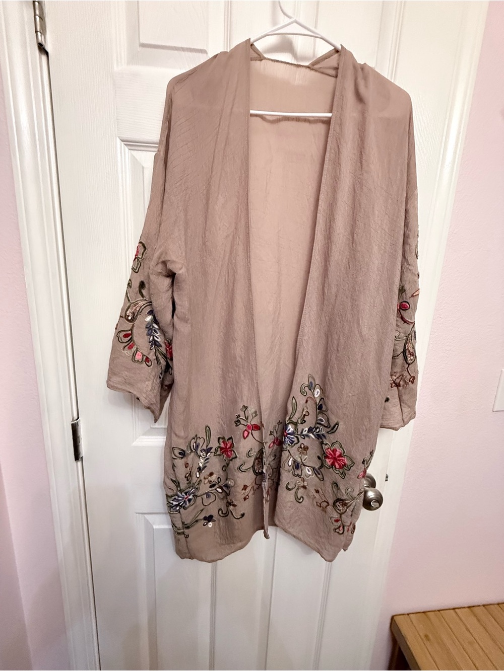 Embroidered Open Front Kimono Cardigan - Taupe Floral